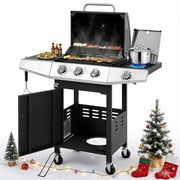 Enyopro 3 Burner Propane Gas Grill, 40,000BTU Stainless Steel BBQ Grill with Side Burner, Brush, Built-in Thermometer, 4 Universal Wheels for Outdoor Cooking Patio Backyard
