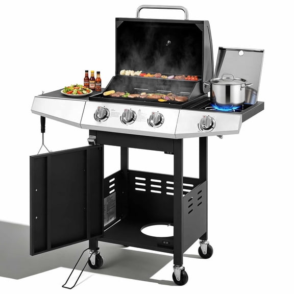 Enyopro 3 Burner Propane Gas Grill, 40,000BTU Stainless Steel BBQ Grill with Side Burner, Brush, Built-in Thermometer, 4 Universal Wheels for Outdoor Cooking Patio Backyard