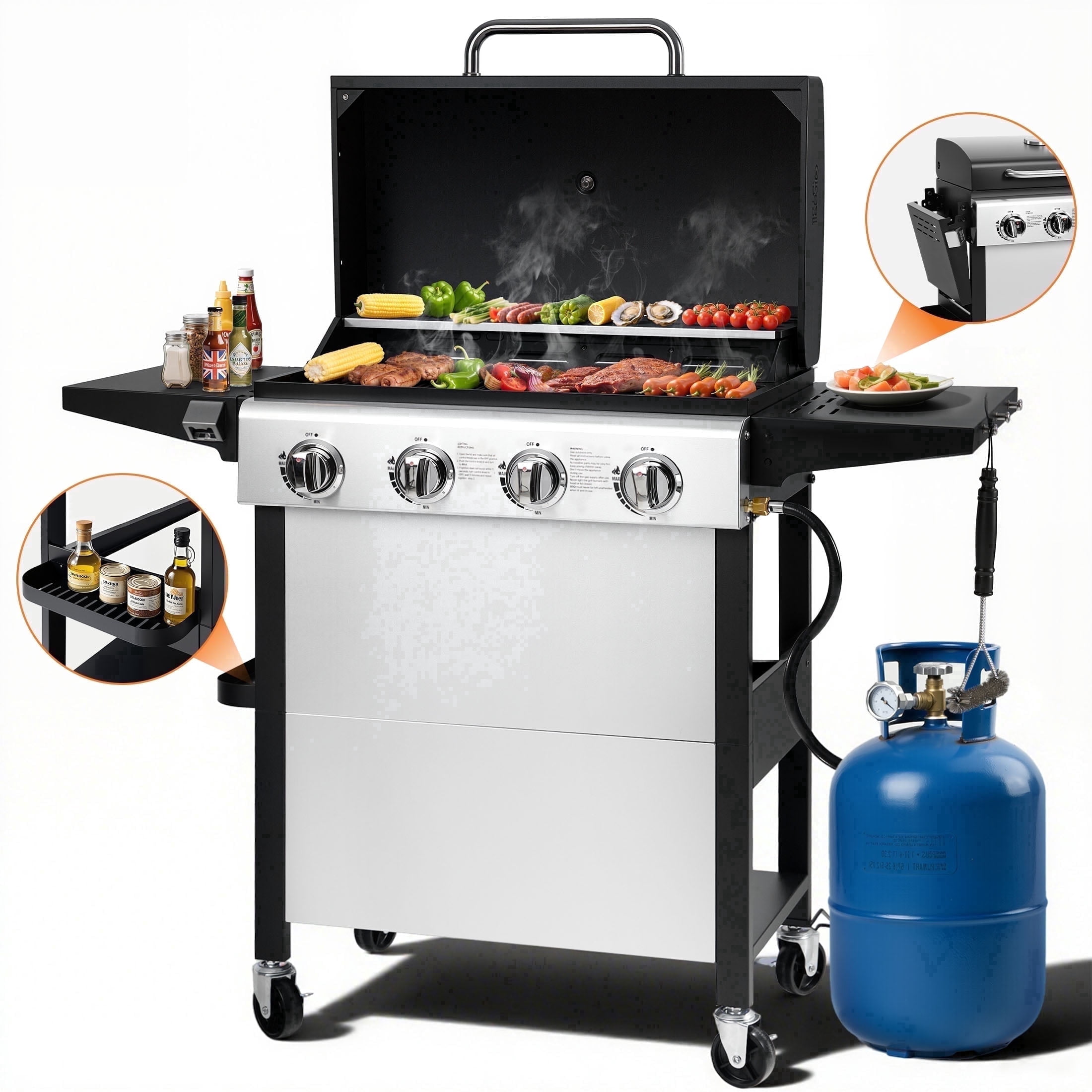 Enyopro Gas Grill, 4-Burner Propane Gas Grill, 40,00BTU Stainless Steel BBQ Grill With  Foldable Side Table, Hanging Basket, for Outdoor Camping Barbecue