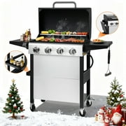 Enyopro Gas Grill, 4-Burner Propane BBQ Grill, 40,00BTU Output With Wire Enamel Cooking Grids For Outdoor Barbecue, Foldable Side Table, Hanging Basket, Stainless Steel