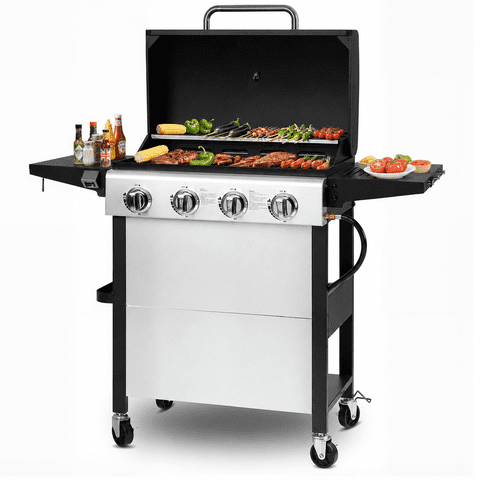 Enyopro Gas Grill, 4-Burner Propane Gas Grill, 40,00BTU Stainless Steel BBQ Grill With Foldable Side Table, Hanging Basket, for Outdoor Camping Barbecue