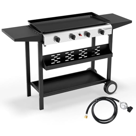 4 Burner Portable Propane Griddle with Electronic Ignition & Enameled Tray, 40000 BTU Rolling Flat Top Gas Grill with Side Shelves & Regulator for Outdoor Cooking Camping BBQ Tailgating