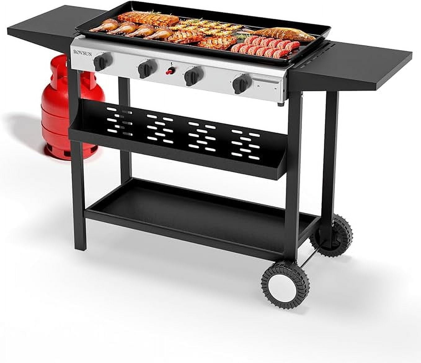 Portable Outdoor 4 Burner Propane Flat Top Gas Grill W/ Wheels, 60K BTU (SAK66104)