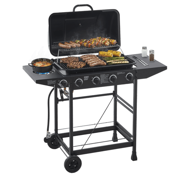 4-Burner Propane Gas BBQ Grill with Side Burner, 42000 BTU Stainless Steel Barbecue Grill Featuring Enamel-Coated Grates and Side Tables, Ideal for Outdoor Kitchen, Patio and Backyard Cooking