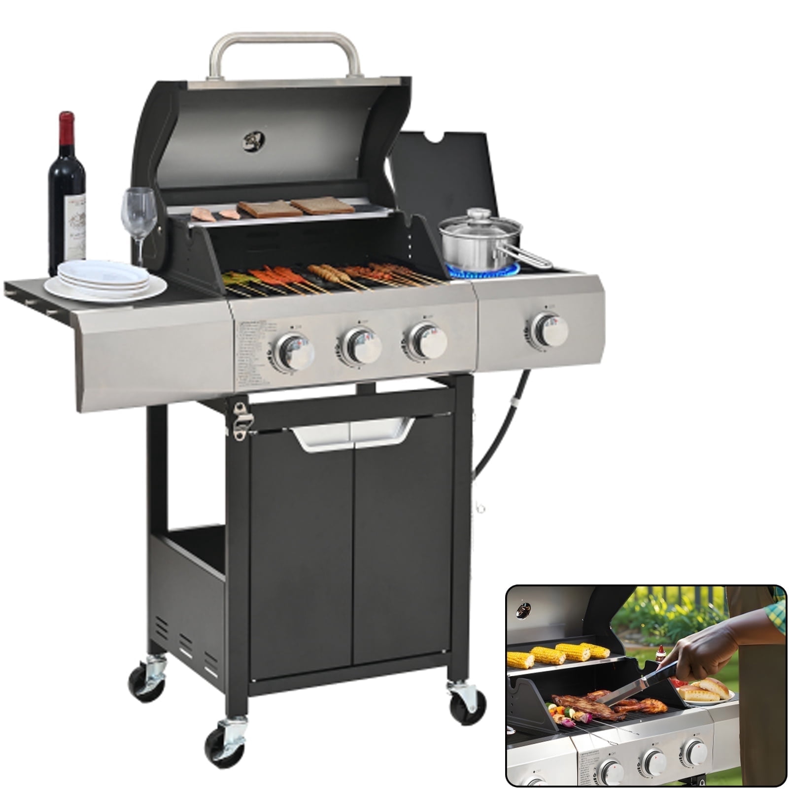 4-Burner Propane Gas BBQ Grill with Side Burner, Stainless Steel Gas Grill with Rain Cover, 40,500 BTU High-Output, Built-in Thermometer for Outdoor, Backyard, Patio BBQ Cooking