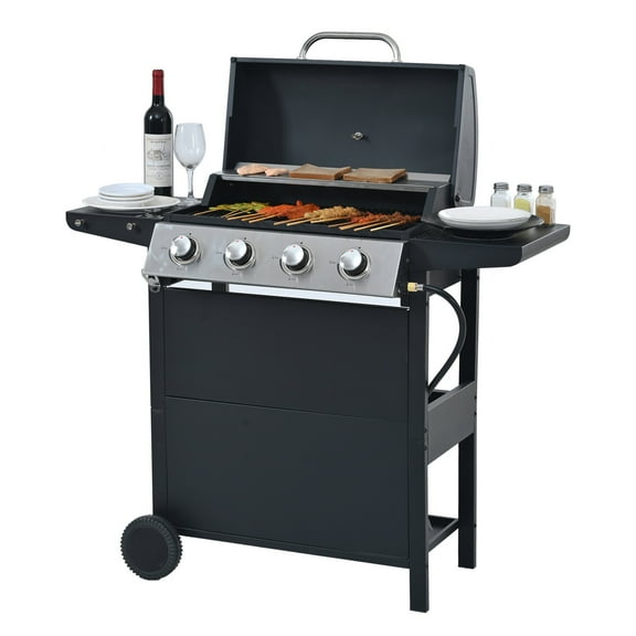 4-Burner Propane Gas BBQ Grill with Side Shelves & Porcelain-Enameled Cast Iron Grates, 34000 BTU Output Stainless Steel Barbecue with Hooks and Thermometer for Patio and Party, Black