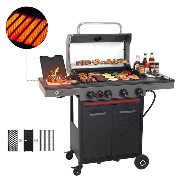 Flintex 4 Burner Propane Gas Grill with Infrared Side Burner, 46,500 BTU, Diamond Grates & Griddle for Outdoor BBQ