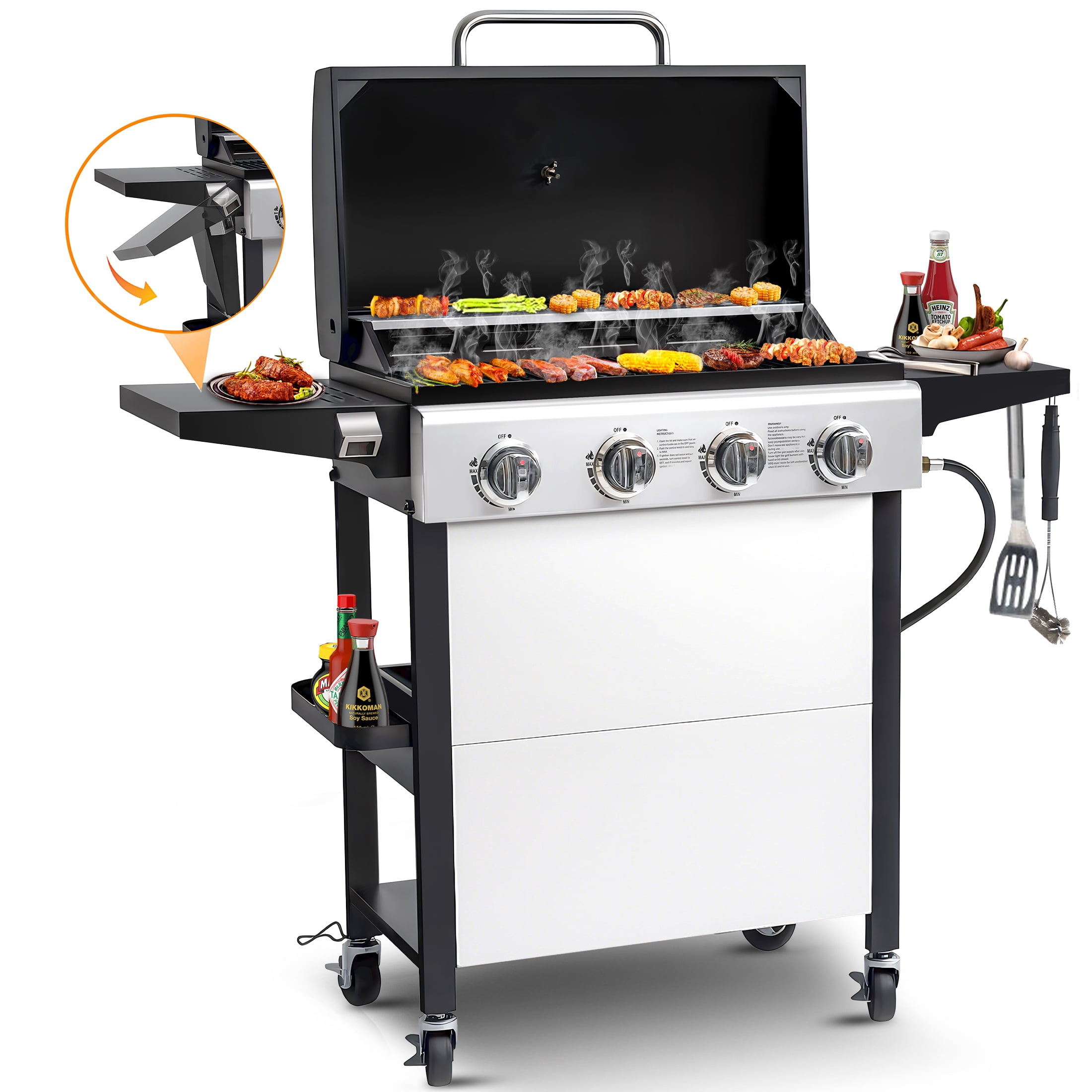 Segmart 4 Burner BBQ Propane Gas Grill, Stainless Steel 40,000 BTU Patio Garden Barbecue Grill with Folding Side Tables, Hanging Basket & Thermometer, Perfect for Camping, Outdoor Cooking