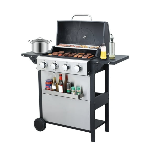 4-Burner Propane Gas Grill - 34,200 BTU BBQ Grill, Stainless Steel Control Panel, Easy Ignition, Temperature Gauge, 2 Enameled Cooking Grids for Backyard BBQ