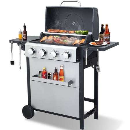 4-Burner Propane Gas Grill - 34,200 BTU BBQ Grill, Stainless Steel Control Panel, Easy Ignition, Temperature Gauge, 2 Enameled Cooking Grids for Backyard BBQ