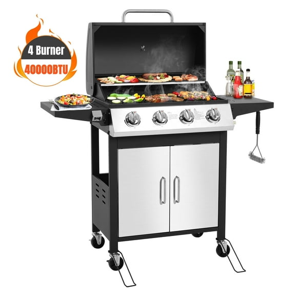 Enyopro 4 Burner Propane Gas Grill, 40,000BTU Stainless Steel BBQ Grill with Brush, Built-in Thermometer, 4 Universal Wheels for Outdoor Cooking Patio Backyard