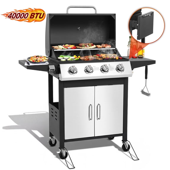 Enyopro 4 Burner Propane Gas Grill, 40,000BTU Stainless Steel BBQ Grill with Brush, Built-in Thermometer, 4 Universal Wheels for Outdoor Cooking Patio Backyard