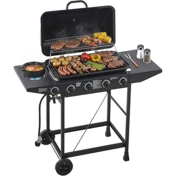 4 Burner Propane Gas Grill, 42,000 BTU Gas Grill with Side Burner, BBQ Grill with Cast Iron Grates, Stainless Steel Frame, 534 Sq In Cooking Area, Outside Grill for Patio Backyard, Patio