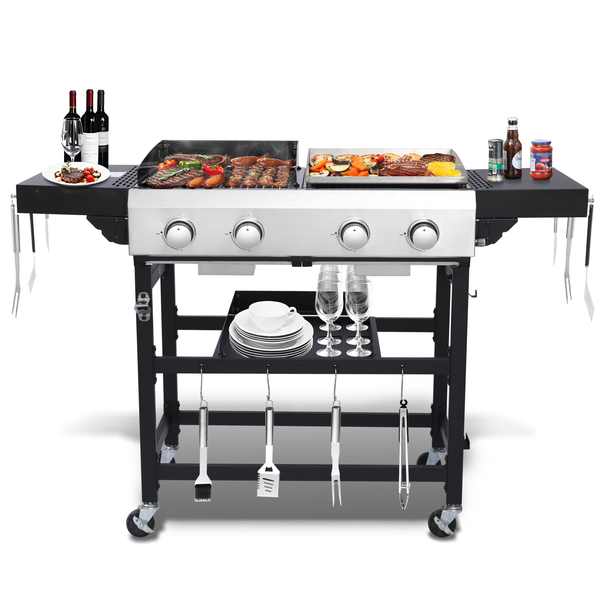 4 Burner Propane Gas Grill and Griddle Combo with Foldable Side Table, 470 sq in Cast Iron Grate & 248 sq in Flat Top, 38,200 BTU Outdoor BBQ Grill for Outdoor, BBQ, Camping