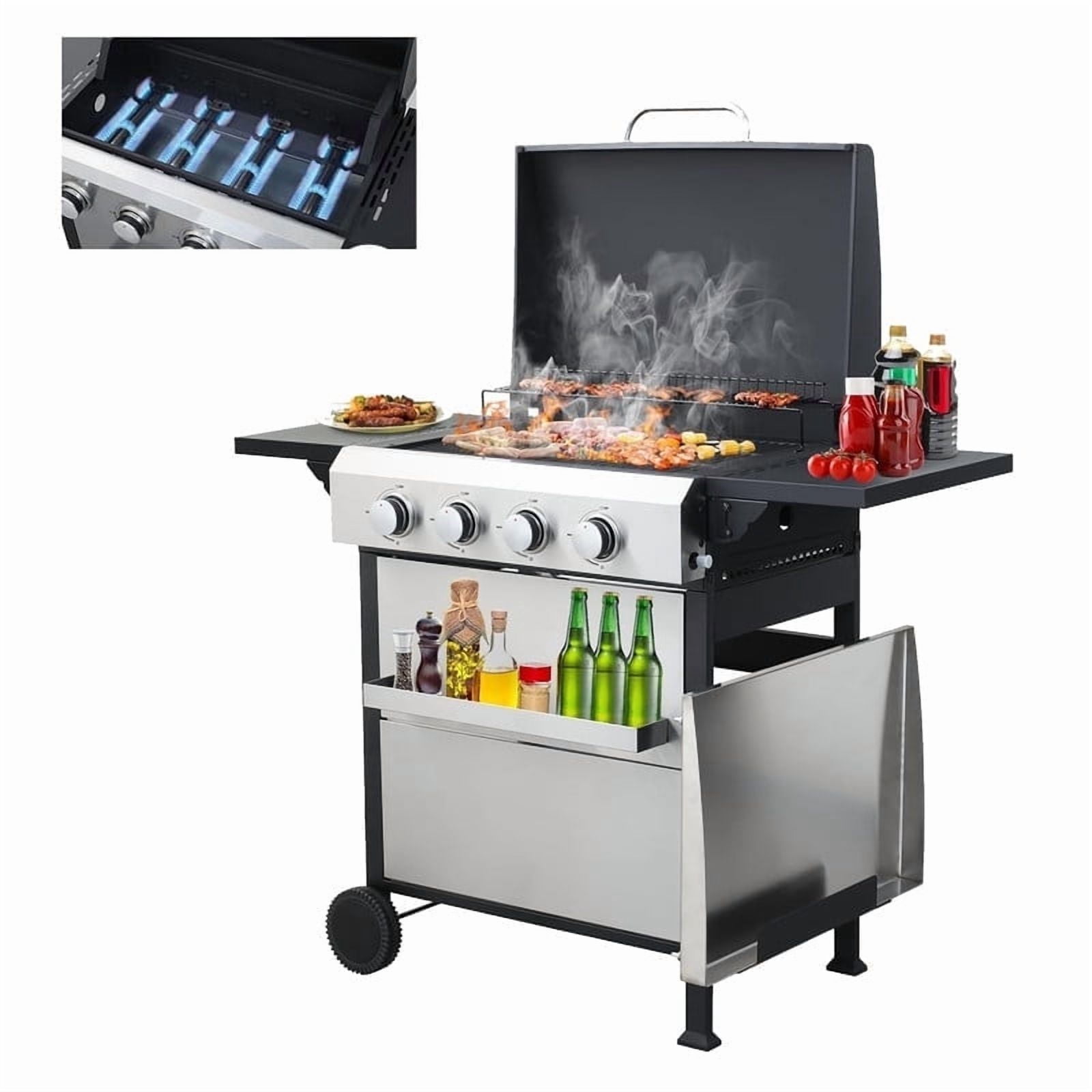 4-Burner Propane Gas Grill with Griddle Grill and Wire Enamel Grids, 49200 BTU Stainless Steel Outdoor BBQ Gill with Foldable Side Table and Hanging Basket for Backyard Barbecue