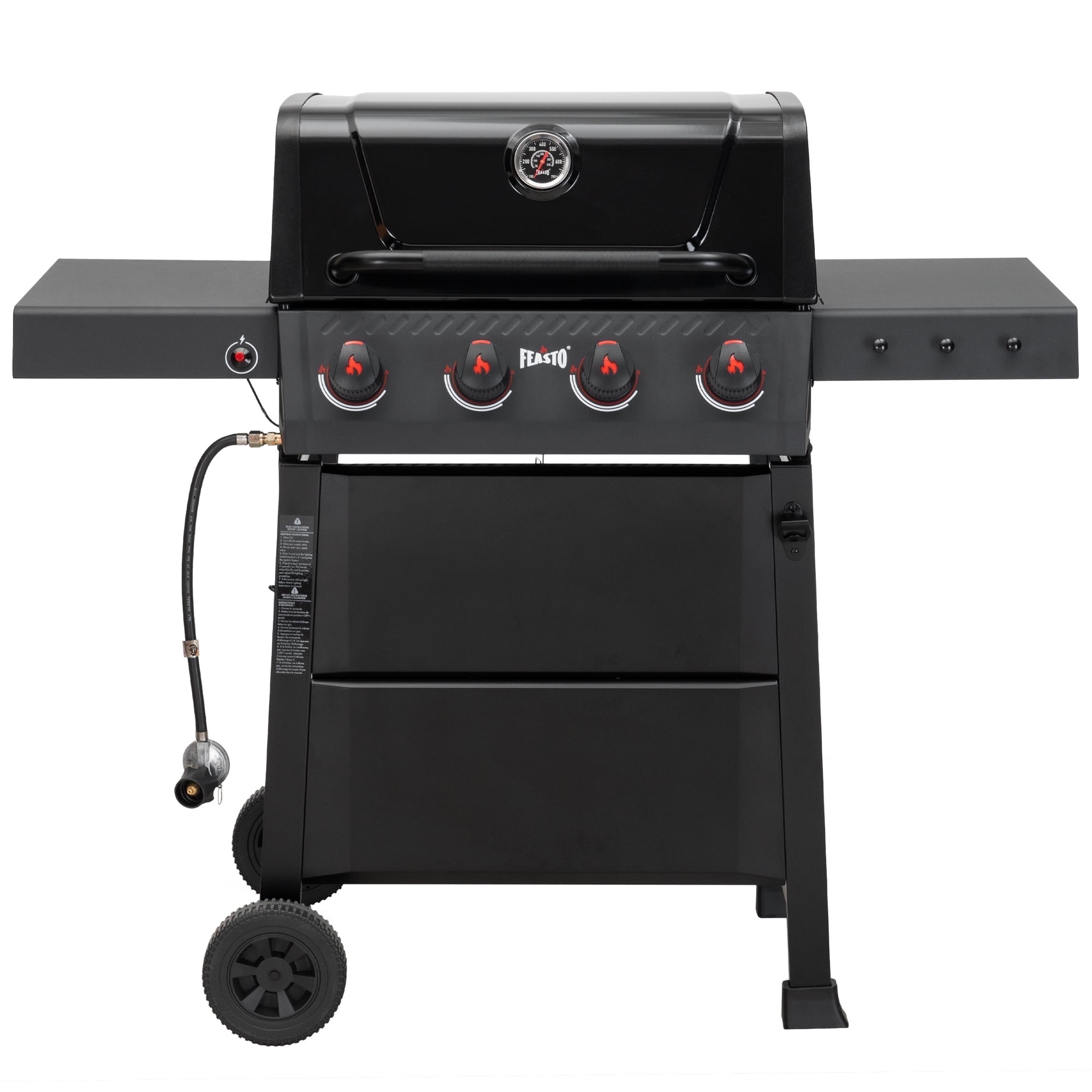 Feasto 4-Burner Propane Gas Grill, Outdoor Grill with 2 Side Tables and Porcelain-Enameled Grates, Black