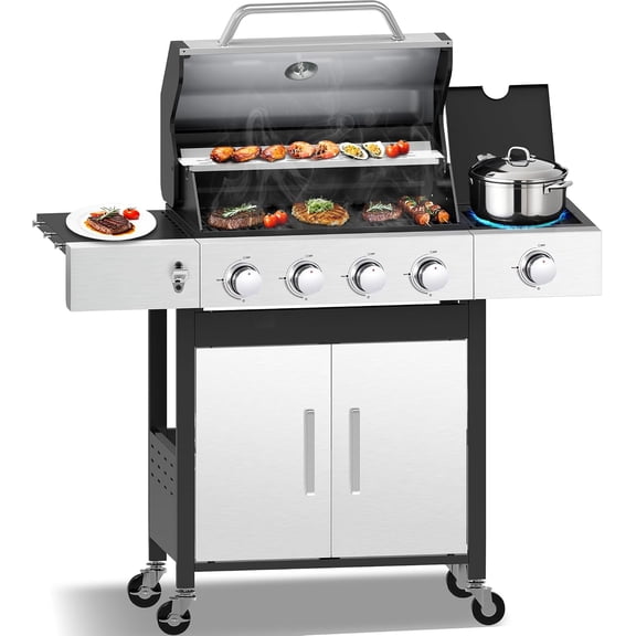 4 Burner Propane Gas Grill with Side Burner,3 in 1 Propane Gas BBQ Grill,Double-layer Stainless Steel BBQ Grill Lid with Cast Iron Grates,52000 BTU Output for Camping, Patio, Backyard