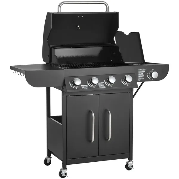 4 Burner Propane Gas Grill with Side Burner 425 SQ In Grilling Area 52000 BTU Outdoor BBQ Grill Carbon Steel Enamel Grates Two Side Shelves Patio Garden