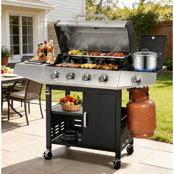 4-Burner Propane Gas Grill with Side Burner, 50,000 BTU Outdoor BBQ Grill w/Enameled Cast Iron Gratel, 474 SQ.IN. Cooking Area, Stainless Steel, with Steel Brush, Storage Cabinet