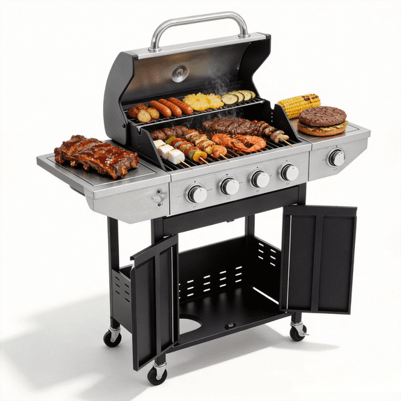 ENYOPRO 4 Burner Propane Gas Grill,46,500 BTU Outdoor BBQ Grill,with Side Burner, Large Cooking Area, Porcelain Cast Iron Grates, Backyard Patio Outdoor Cooking