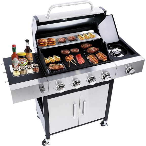 4 Burner Propane Gas Grill with Side Burner, 52,000 BTU BBQ Grill with Cast Iron Grates and Double-layer Stainless Steel Lid, Outdoor Barbecue Grill Perfect for Balcony, Backyard, Camping