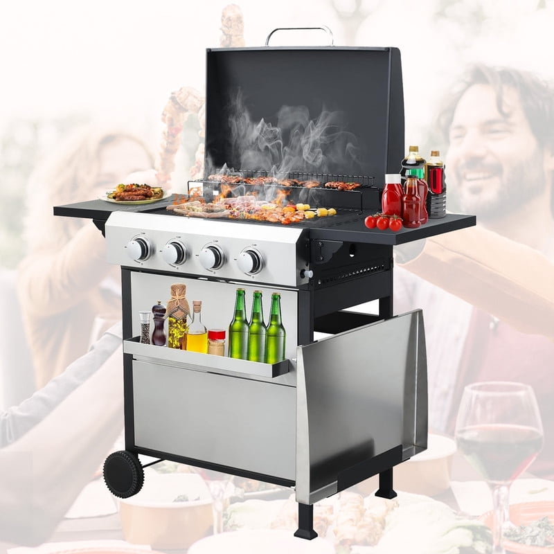 4-Burner Propane Gas Grill with Stainless Steel Plancha - 49,200 BTU Outdoor BBQ Grill with Porcelain-Enameled Cooking Grids, Foldable Side Table & Hanging Basket