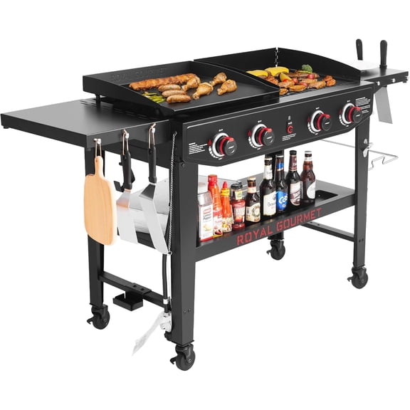 4-Burner Propane Gas Grill and Griddle Combo with Grilling Gear, 296 Sq. In. & 314 Sq. In., Heavy-duty and Portable for Outdoor Cooking, Black
