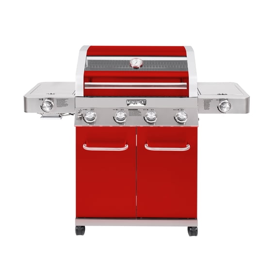 Monument Grills 4-Burner Propane Gas Grill in Red with Clear View Lid, LED Controls, Side and Sear Burners