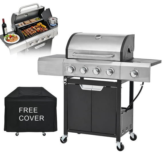 4 Burner Propane Gas Grill, with Side Burner & Cover, 51000 BTU Output Stainless Steel BBQ Grill, Outdoor Barbecue Grill, for Patio Camping Backyard
