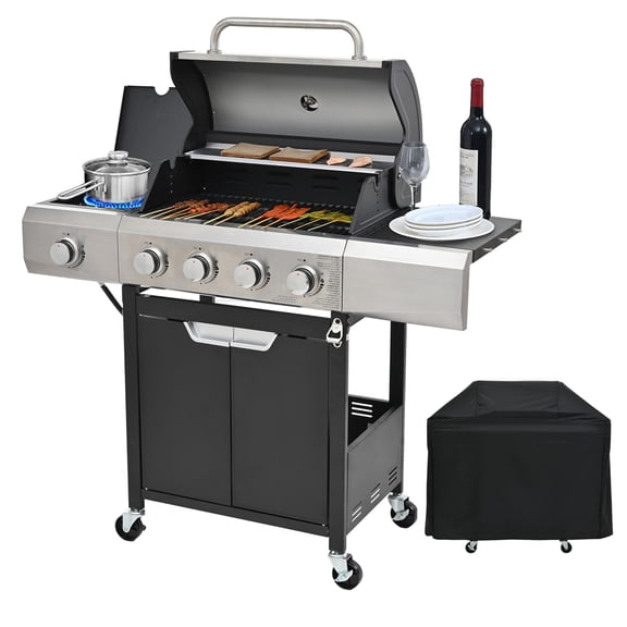 4 Burner Propane Gas Grill with Side Burner & Cover, Stainless Steel 51,000 BTU BBQ Grill, Built-in Lid Thermometer, Ideal for Patio Camping Backyard
