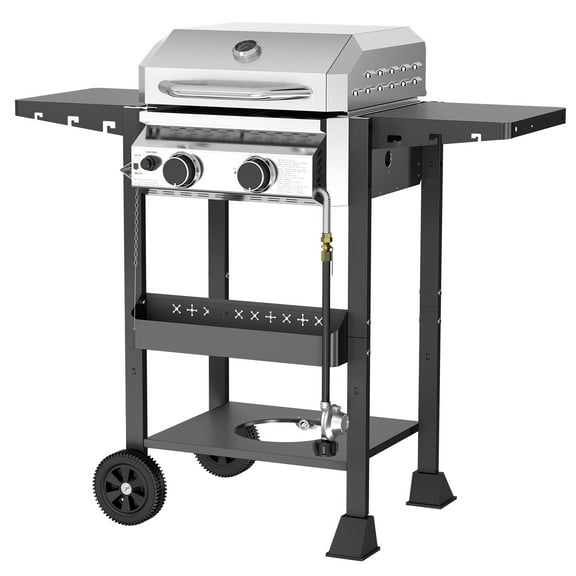 WAA Propane Gas Grill with 2-Burner,Outdoor Gas BBQ Grill with Side Storage Shelves,Top Cover Lid, Oil Tray,Wheels,Barbeque Stove for Barbecue Cooking,Patio,Camping and Party,16000 BTU