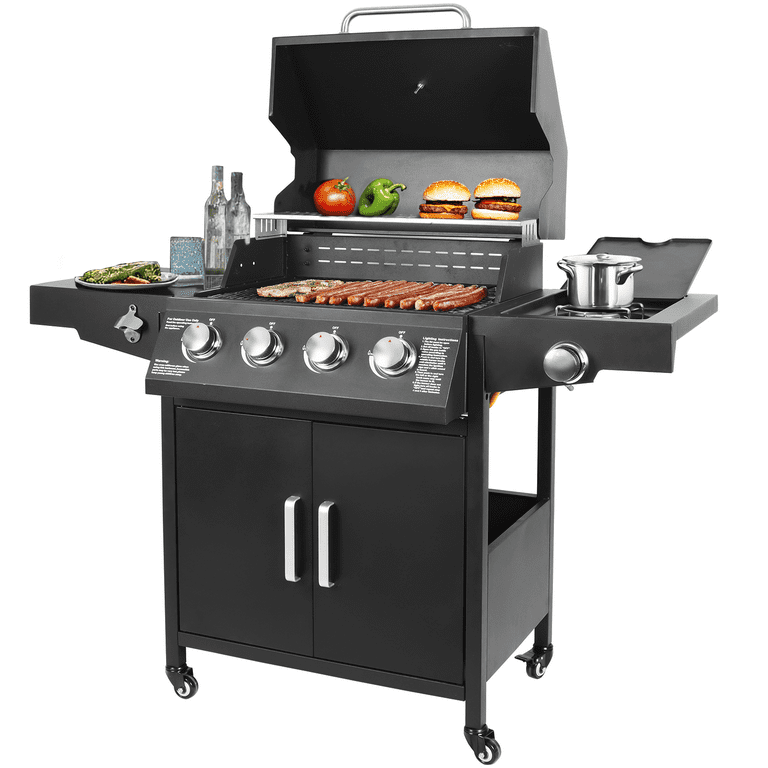 4-Burner Propane Gas Grill with Side Burner and Side Table Outdoor Cooking  Barbecue Grill Camping