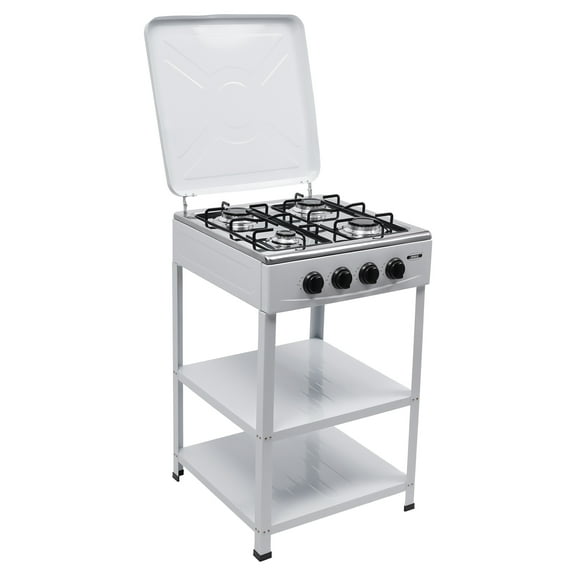 4 Burner Propane Gas LNG Fuel Camping Stove Stainless Steel Outdoor Cooker with 2 Storage Shelves White