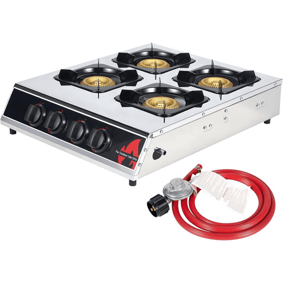 4 Burner Propane Gas Stove 40,000 BTU Stainless Steel Cooktop with Enamel Pan Support, Electronic Ignition, Regulator & Hose Included, Portable Gas Stove for Camping, Outdoor Cooking, BBQ