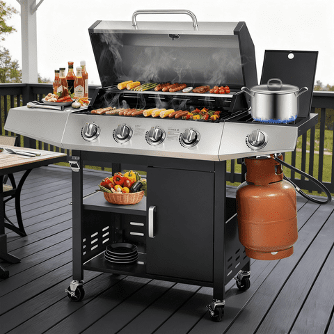 4-Burner BBQ Grill W/Side Burner, 50,000BTU Gas Propane Grill Portable with Storage Cabinet, Heavy-Duty Stainless Steel Outdoor Cooking, with Tank Hook, Towel Rack, Steel Brush
