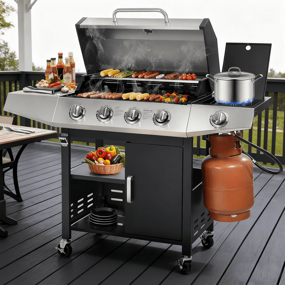 4-Burner BBQ Grill W/Side Burner, 50,000BTU Gas Propane Grill Portable with Storage Cabinet, Heavy-Duty Stainless Steel Outdoor Cooking, with Tank Hook, Towel Rack, Steel Brush
