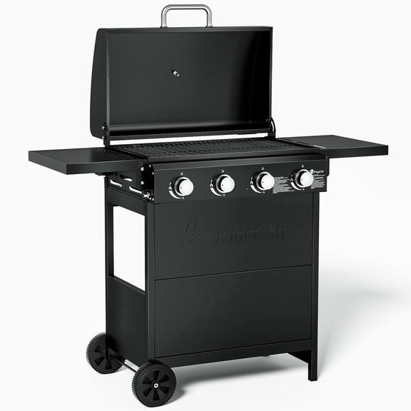 4-Burner Propane Grill Smoker, Kingchii 38,000 BTUs Gas Grill with Foldable Side Tables, Built-in Thermometer for Outdoor Grilling, BBQs and Camping