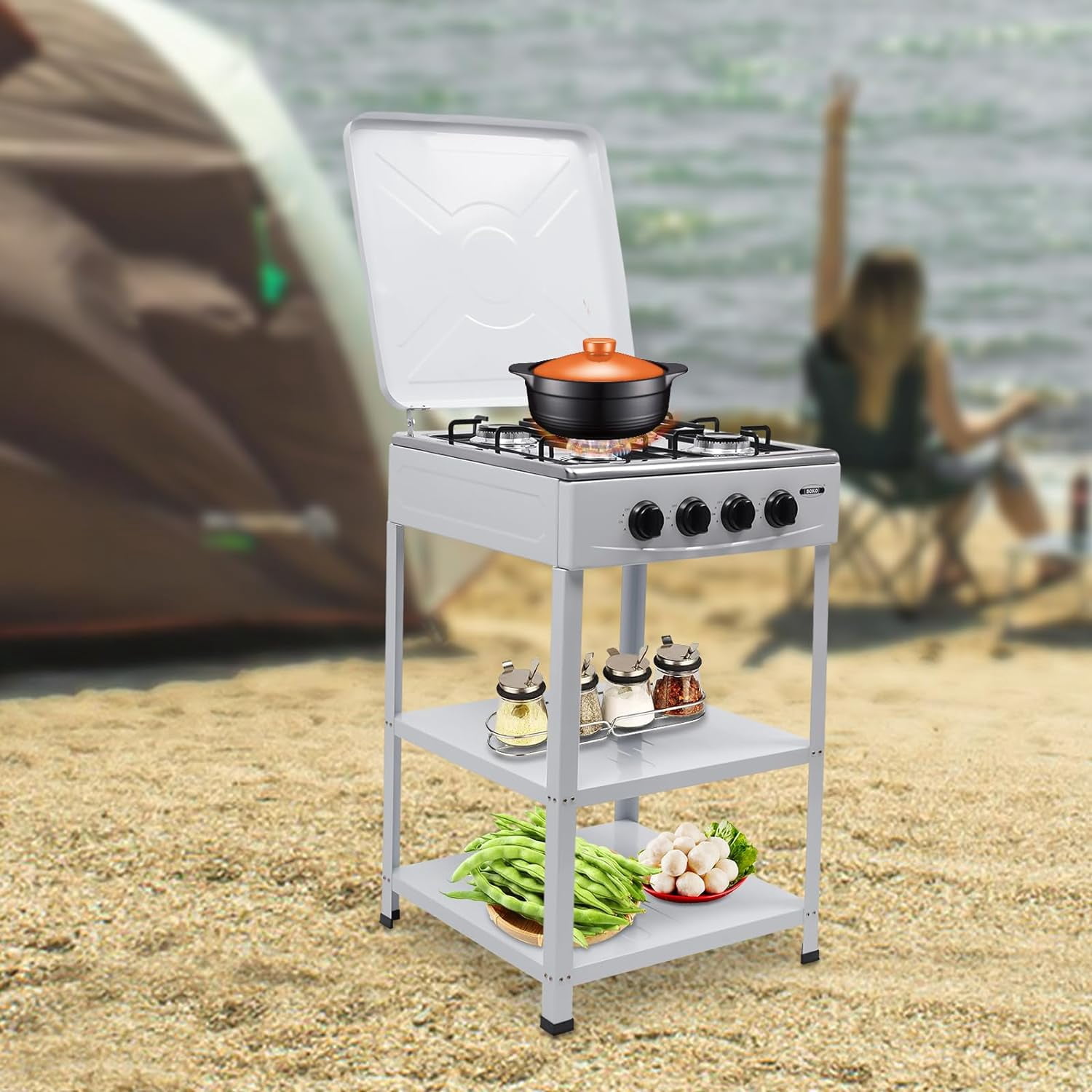 4 Burner Propane Stove Stand, 300000 BTU Grill Dual Natural Gas Cooker Outdoor Camping BBQ Stove, 2 Tier Storage Rack Portable Stainless Steel for Backyard Cooking Home Brewing & Canning