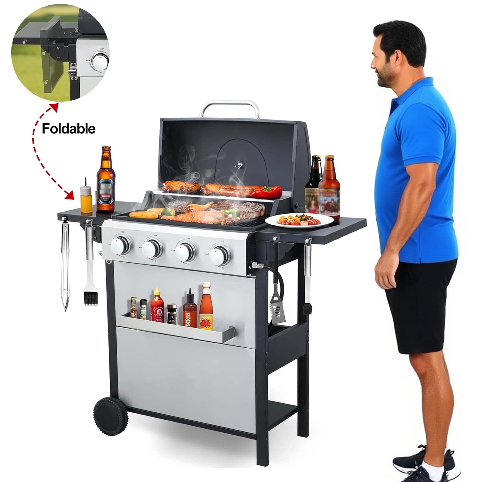 4 Burner Propane gas grill, 34,200 BTU Barbecue bbq grills outdoor cooking, Foldable Side Table, Cast Iron Grates