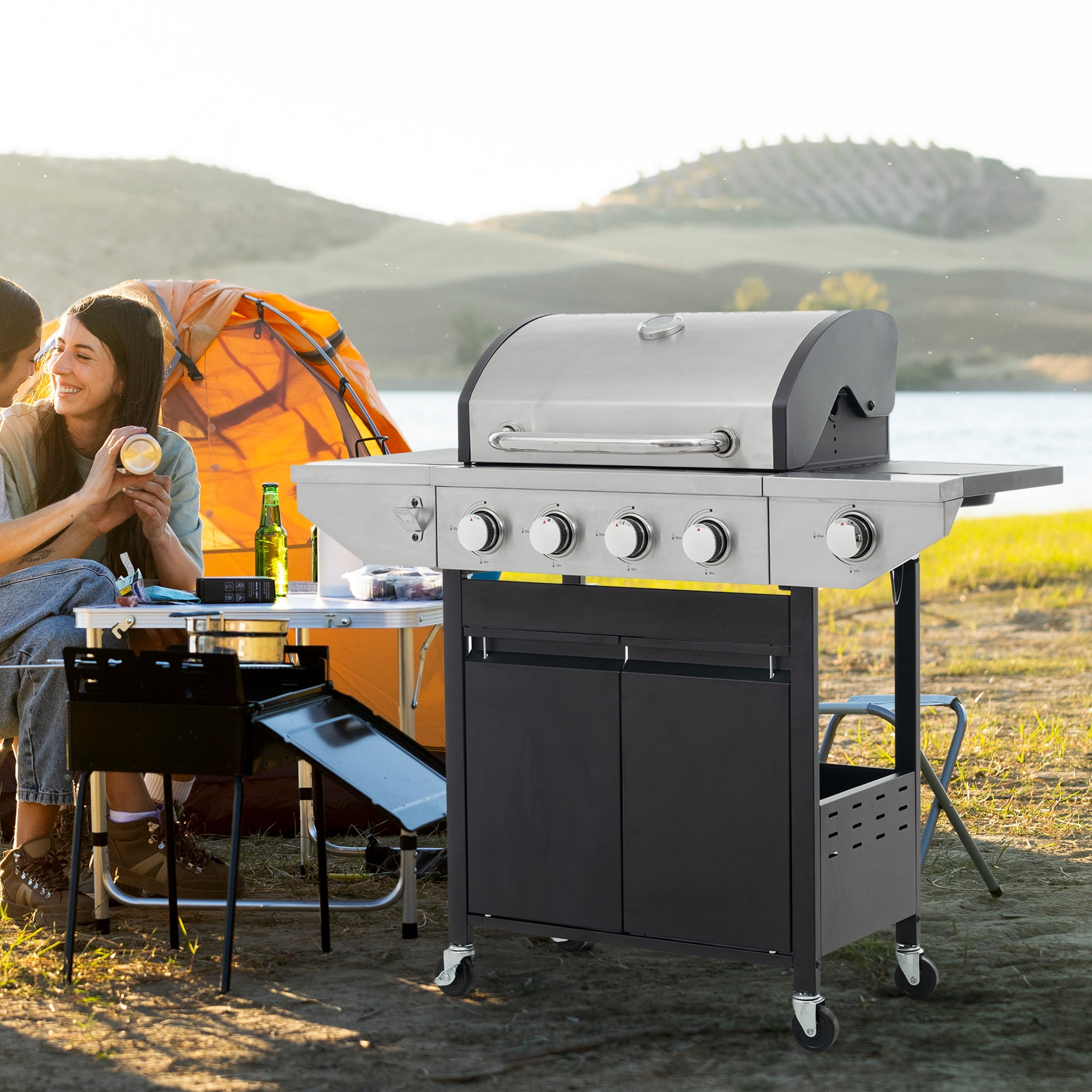 4 Burner Stainless Steel Gas Grill with Side Burner, 46,500 BTU Barbecue Propane Grill for Outdoor Patio Garden Camping, Black&Silver