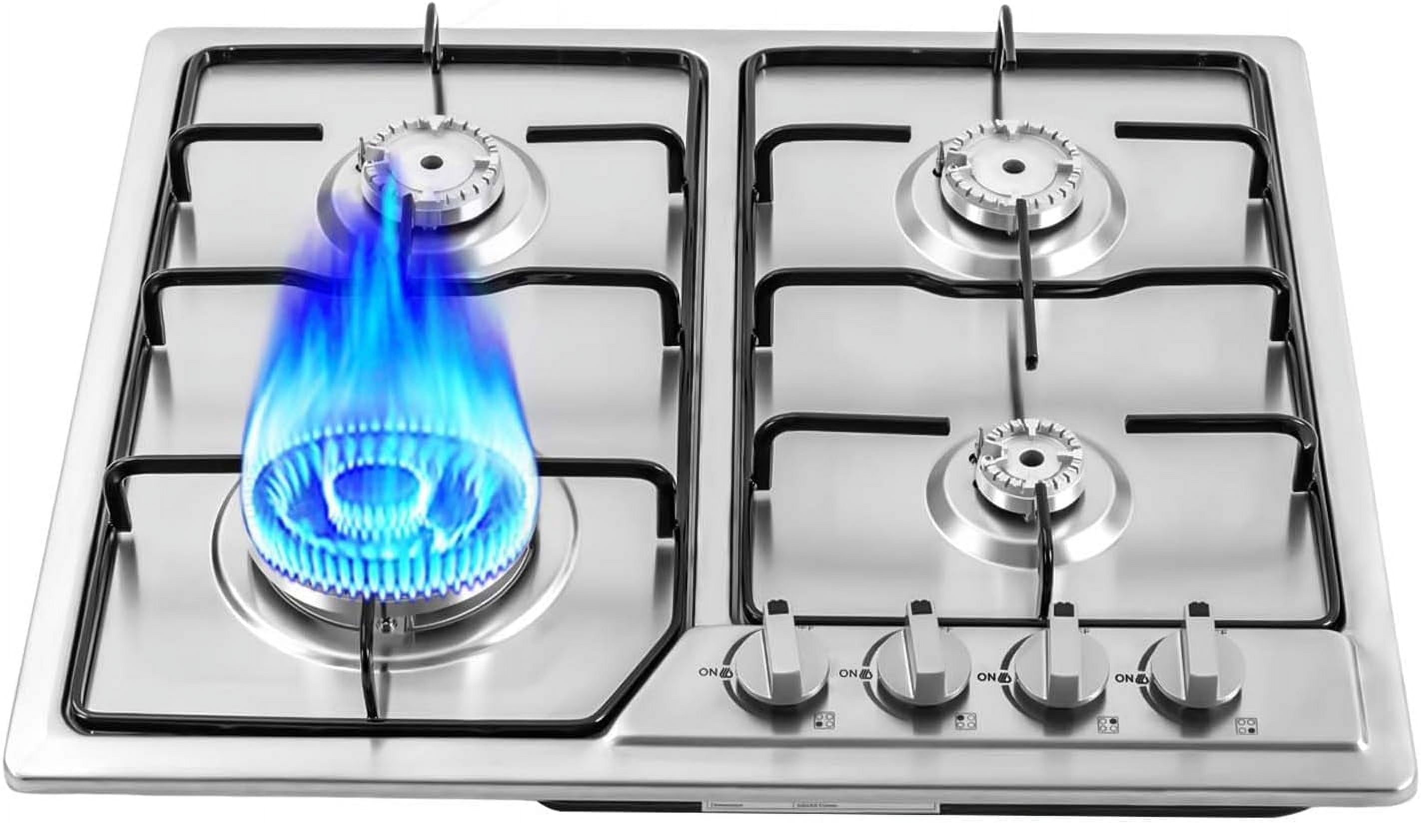 4 Burners Built in Gas Stovetop Cooker Gas Range Portable Stainless Steel Cooktop LPG/NG Dual Fuel Cast Iron Grate Gas Stove Kitchen Cooking Stove for Home RV Outdoor Apartment Silver