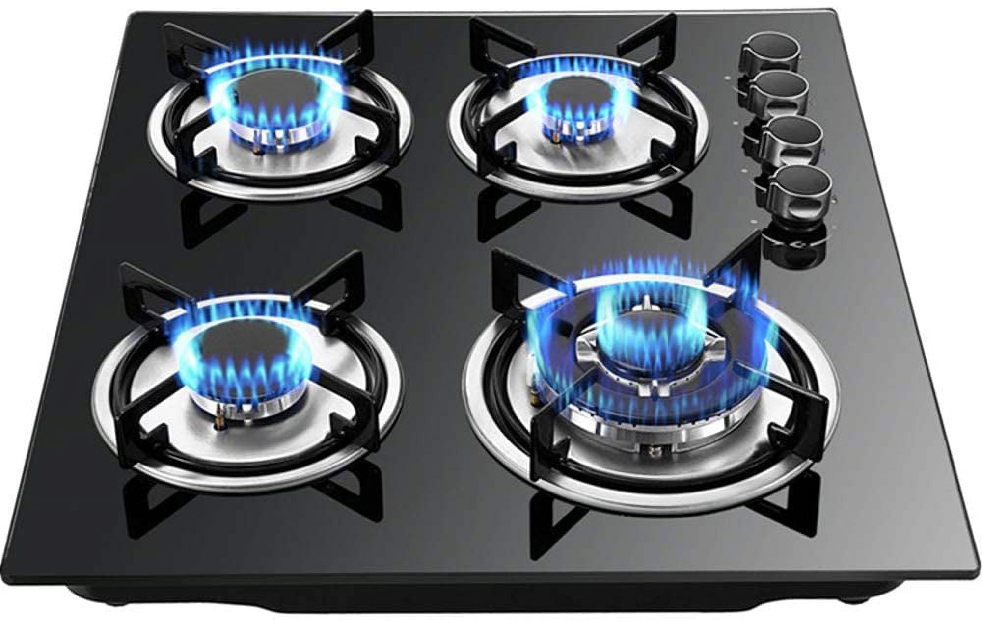 4 Burners Gas Stove, Countertop Black Tempered Tempered Glass Gas Range, Built-In Cast Iron Gas Hob, NG/LPG Dual Fuel Convertible Gas Stovetop, Suitable For Apartment, Indoor, RV, Outdoor