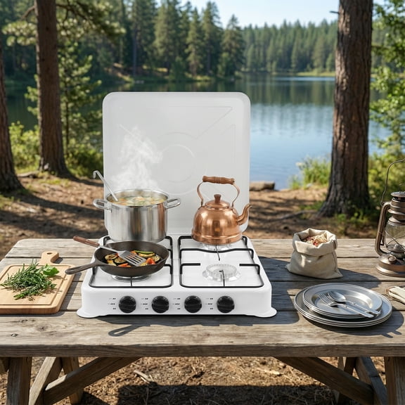 4 Burners White Gas Camping Stove Tabletop Camping Gas Stove Portable Camping Stove for Camping, Picnic