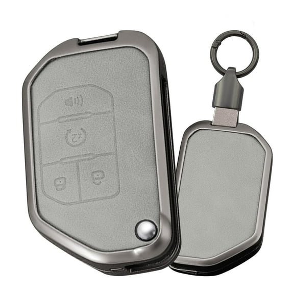 4 Button Key Fob Cover Compatible with Jeep Gladiator JT Sahara JLU 2018-2023 Fit for Jeep Wrangler JL JLU Rubicon Accessories Leather& Zinc Alloy Key Shell with Keychains-4 Button