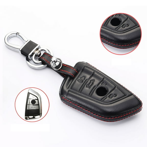4 Button Leather Key Fob Case Cover Bag + Keychain Fits For BMW 1 2 3 4 5 6 7 Series