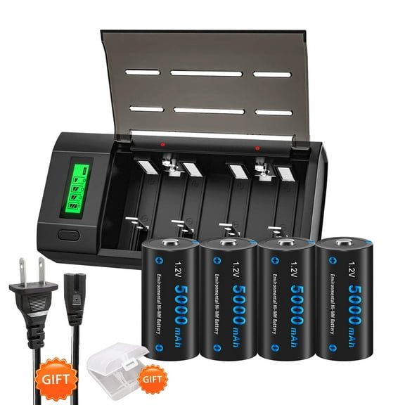 4 C Size High Capacity Low Self Discharge 1.2v Ni-MH Rechargeable Batteries with 4 Bay Smart Intelligent LCD Display Battery Charger For 1.2V AA AAA C D Size 9V Ni-MH Ni-CD Rechargeable Battery