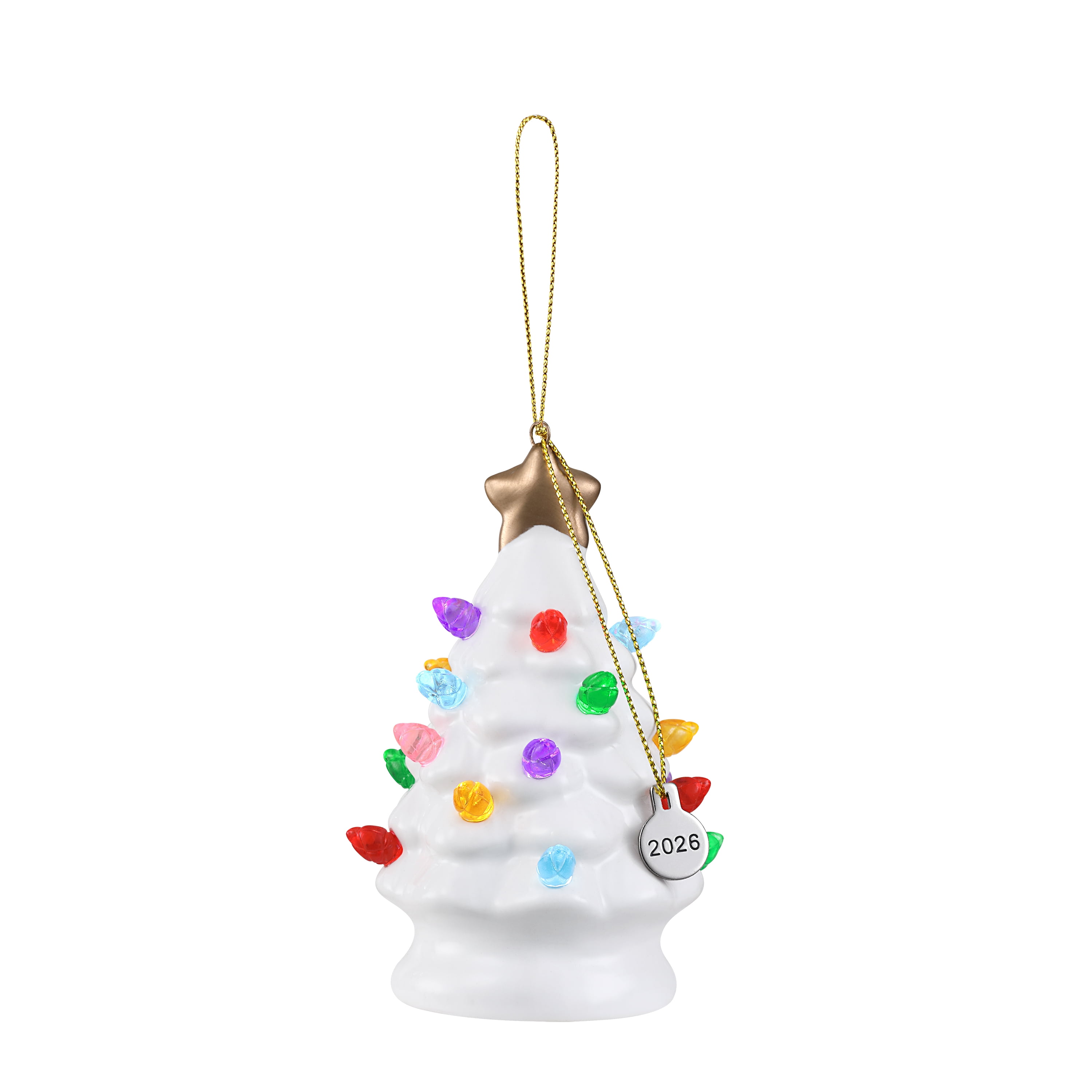 Mr. Christmas 4" Nostalgic Ceramic Lit Tree Ornament Decoration, White with Red & Green Bulbs