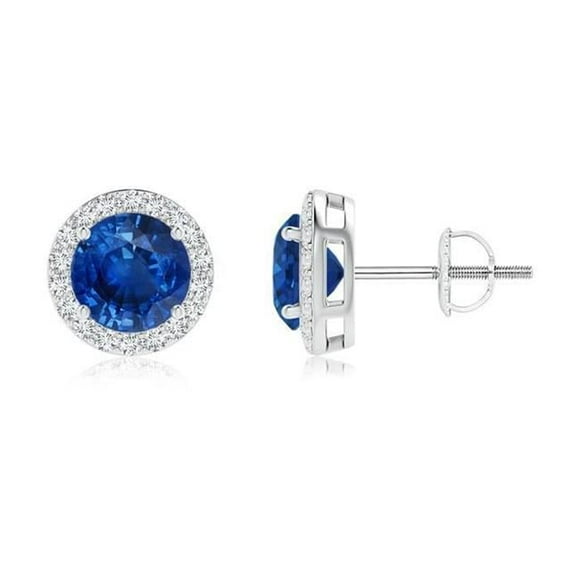 4 CT Ceylon Sapphire Round Diamond Stud Earrings, 14K White Gold