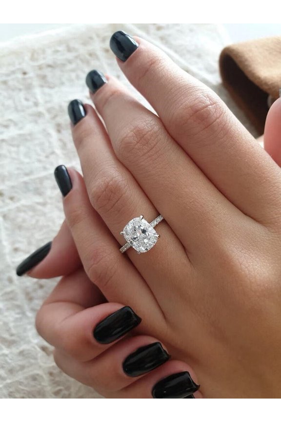 4 CT Cushion Moissanite Wedding Ring, Solitaire Moissanite Wedding Ring, 925 Sterling Silver Hidden Halo Promise Ring, Proposal Promise Ring