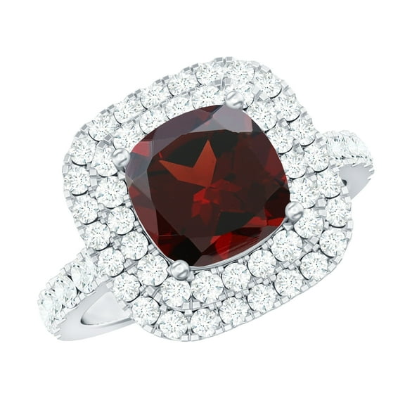 Rosec Jewels Natural Garnet Cushion Cut Engagement Ring with Halo - 8 mm - Vintage Style Ring for Women - AAA Quality, 10K White Gold, US 10.00